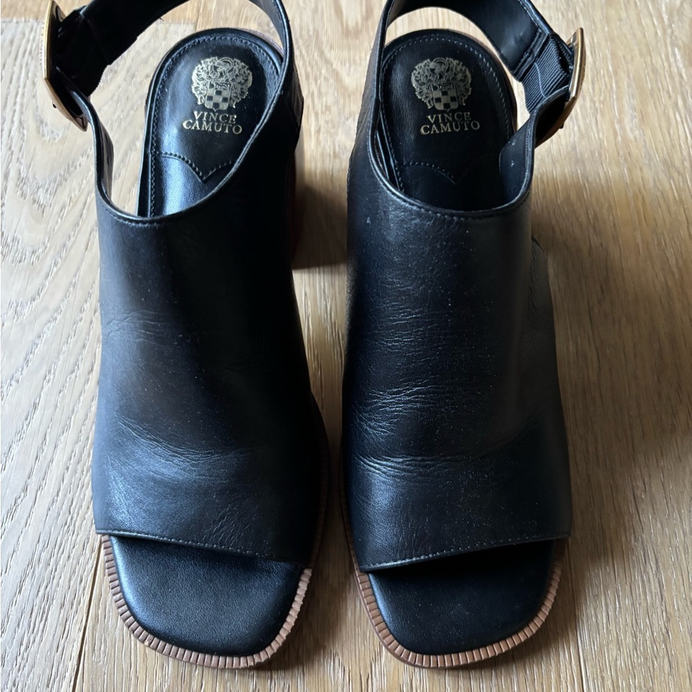 Vince Camuto Black Leather Open-Toe Heels Preena Leather Heel - Picture 9 of 9